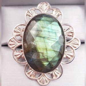 925 Sterling Silver Ring Blue Green Labradorite Ring Statement Ring Face…